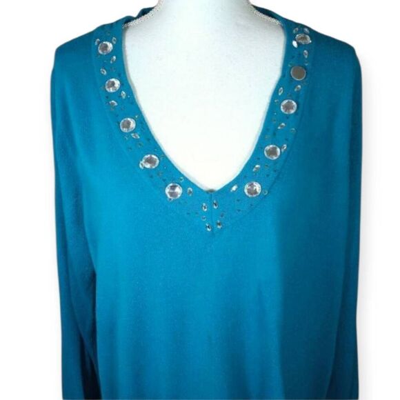 CAROLYN TAYLOR TURQUOISE VNECK JEWELD SWEATER SZ.2X EUC. - Picture 2 of 7